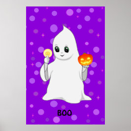 Schattig Halloween spook en pompoen op paars Poster