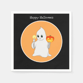 Schattig Halloween spook en pompoen op zwart en or Servet