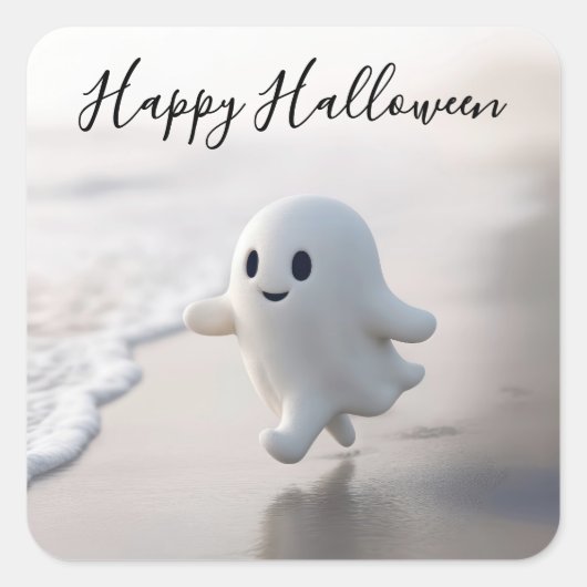 Schattig Halloween spook loopt op een strand Vierkante Sticker (Voorkant)