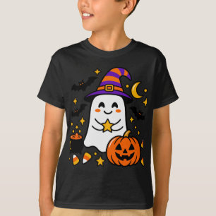 Schattig Halloween-spook met heksenhoed, pompoen & T-shirt