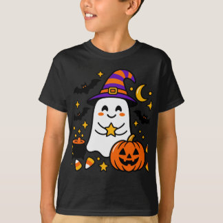 Schattig Halloween-spook met heksenhoed, pompoen & T-shirt