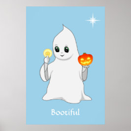 Schattig Halloween spookje en pompoen op lichtblau Poster