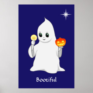 Schattig Halloween spookje en pompoen op marinebla Poster