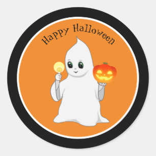 Schattig Halloween spookje en pompoen op oranje Ronde Sticker