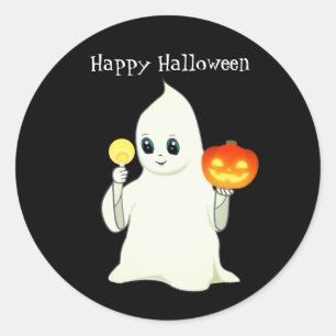 Schattig Halloween spookje en pompoen op zwart Ronde Sticker