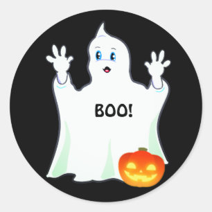 Schattig Halloween spookje en pompoen op zwart Ronde Sticker