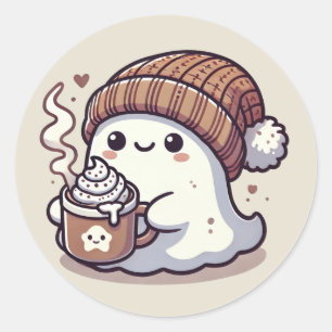 Schattig Halloween spookje in herfstmuts en warme Ronde Sticker