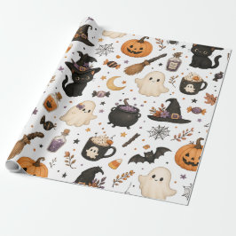 Schattig Halloween-waterverfpatroon met zwarte kat Cadeaupapier