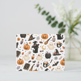Schattig Halloween-waterverfpatroon met zwarte kat Feestdagenkaart
