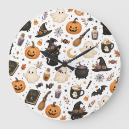 Schattig Halloween-waterverfpatroon met zwarte kat Grote Klok