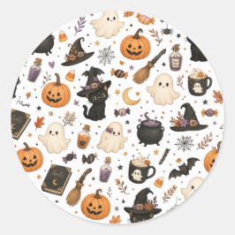 Schattig Halloween-waterverfpatroon met zwarte kat Ronde Sticker