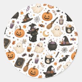 Schattig Halloween-waterverfpatroon met zwarte kat Ronde Sticker