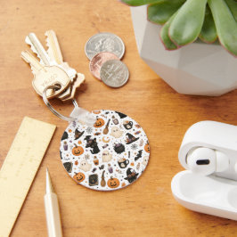 Schattig Halloween-waterverfpatroon met zwarte kat Sleutelhanger