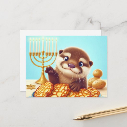 Schattig Hanukkah Otter Briefkaart (Voorkant / Achterkant in situ)