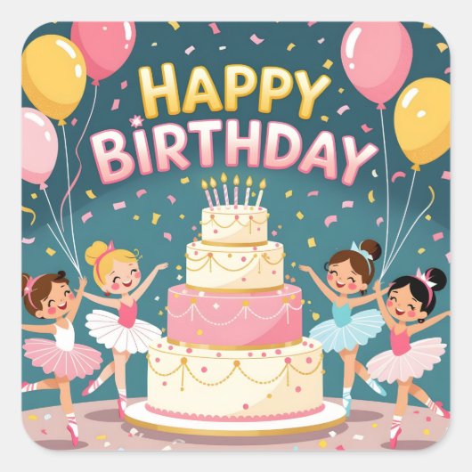 Schattig Happy Birthday ballerina thema Vierkante Sticker (Voorkant)