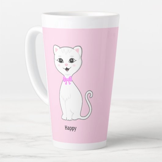 Schattig Happy White Kat op Lichtroze Latte Mok (Linkerhoek)