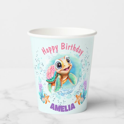 Schattig Happy Zee Turtle 1st Verjaardag Kleurrijk Papieren Bekers (Achterkant)