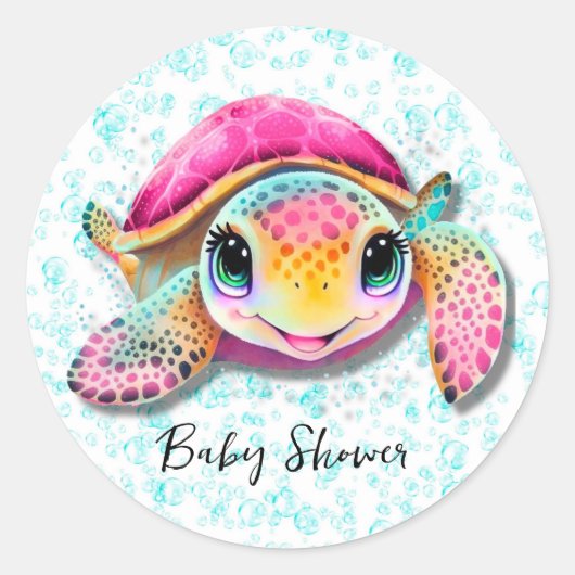 Schattig Heet Roze en Blauwgroen Turtle Girl Baby  Ronde Sticker (Voorkant)