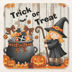 Schattig heksje trick or treat. Halloween. Kartonnen Onderzetters