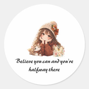 • Schattig herfst anime meisje & kitten motivatie Ronde Sticker