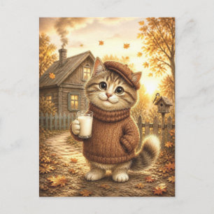 Schattig herfstkatje in trui met melkglas briefkaart