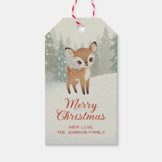 Schattig hert in winterbos Prettig kerstfeest Cadeaulabel (Voorkant)