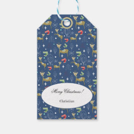 Schattig hert met kerstbomen en sneeuwvlokken cadeaulabel