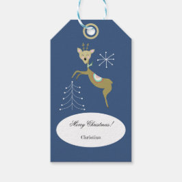 Schattig hert met kerstbomen en sneeuwvlokken cadeaulabel