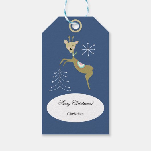 Schattig hert met kerstbomen en sneeuwvlokken cadeaulabel (Voorkant)