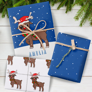 Schattig hert met kerstmanhoed sneeuw kerst kind inpakpapier vel
