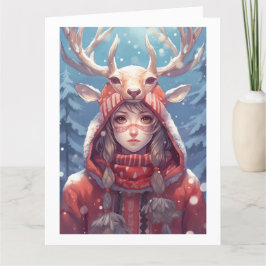 Schattig herten anime meisje, rode hoodie, vakanti bedankkaart