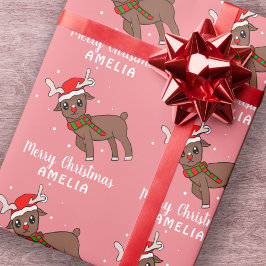 Schattig Herten met Santa Hat Roze Kinder Cadeaupapier