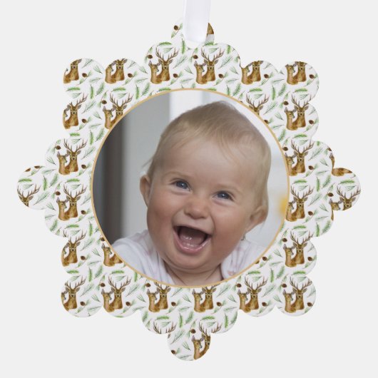 Schattig hertenpatroon Baby's eerste kerstfoto Ornament Kaart (Voorkant)