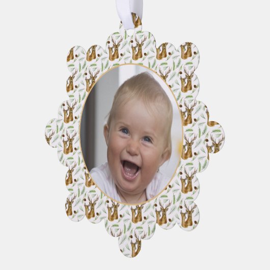 Schattig hertenpatroon Baby's eerste kerstfoto Ornament Kaart (Links)