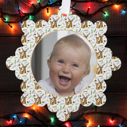 Schattig hertenpatroon Baby's eerste kerstfoto Ornament Kaart