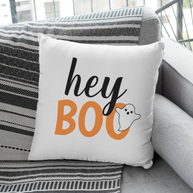 Schattig Hey Boo Oranje Geest Witte Halloween Kussen (Creator heeft geüpload)