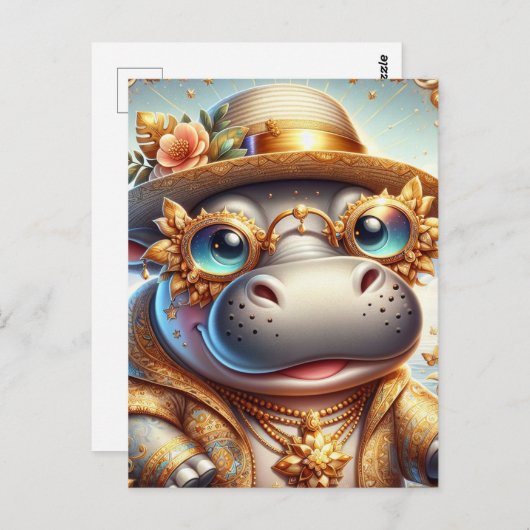 Schattig Hippo in Gold Bling Briefkaart (Voorkant / Achterkant)