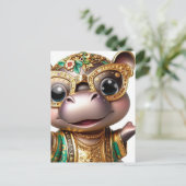 Schattig Hippo in Goud Briefkaart (Staand voorkant)