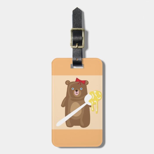 Schattig Honing Beer met lepel en rode strik Bagagelabel (Voorkant verticaal)