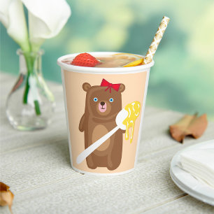 Schattig Honing Beer met lepel en rode strik Papieren Bekers