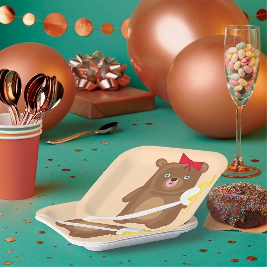 Schattig Honing Beer met lepel en rode strik Papieren Bordje