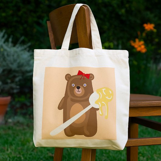 Schattig Honing Beer met lepel en rode strik Tote Bag