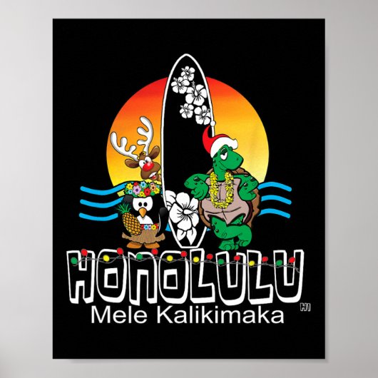 Schattig Honolulu Oahu Hawaii Eiland Surfen Kerstm Poster (Voorkant)