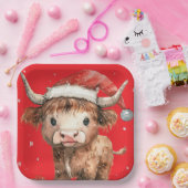 Schattig. Hoogland Koe in Santa Hat Red Papieren Bordje (Feest)