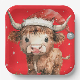 Schattig. Hoogland Koe in Santa Hat Red Papieren Bordje