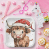 Schattig. Hoogland Koe in Santa Hat White Papieren Bordje (Feest)