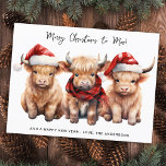 Schattig Hoogland Koe Kalf Vrolijk Kerstfeest naar Feestdagenkaart<br><div class="desc">Stuur deze kerst uw hartelijke wensen naar uw dierbaren met onze schattige Highland Koe kerstkaarten! Met een schattig trio van een Highland kalveren, allemaal uitgedost in feestelijke kleding, deze kaarten zijn zeker om een glimlach op ieders gezicht te brengen. Koe met een kerstmuts en geruite wintersjaal, waardoor ze een feestelijk...</div>