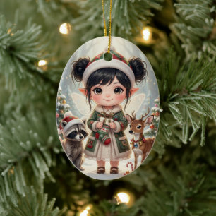 Schattig houtland Chibi-meisje haar gepersonalisee Keramisch Ornament