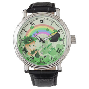 Schattig Iers chibi leprechaun meisje met pot van Horloge