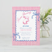 Schattig Iets Bunny Is Eén Boog Gingham 1e Verjaar Kaart (Staand voorkant)